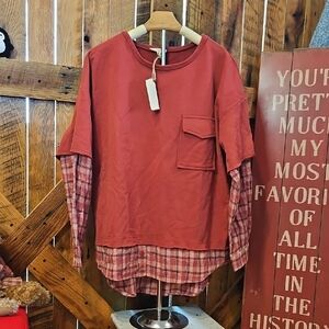 289 easel Rust Layered-Look French Terry Sweatshirt with Plaid Sleeves